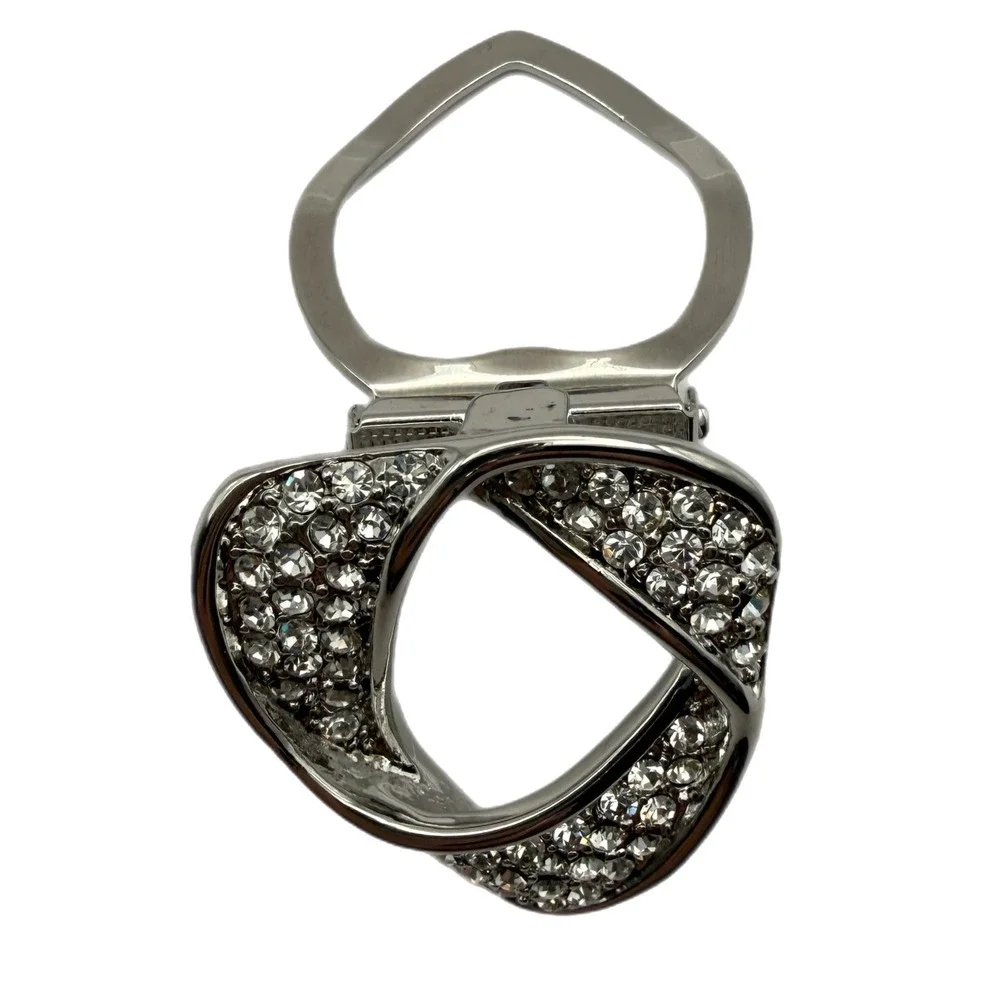 Silver Tone Rhinestone Abstract Scarf Clip Hinged Shawl Ring Accessory